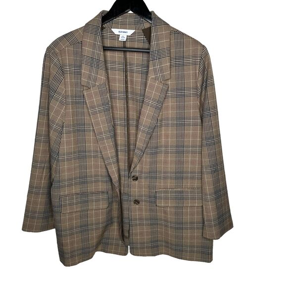 Old Navy Xl Petite Brown Glen Plaid Unlined Oversized Boyfriend Blazer Jacket - Picture 1 of 7